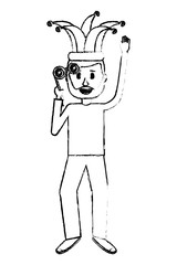 funny man holding silly glasses and jester hat vector illustration sketch design