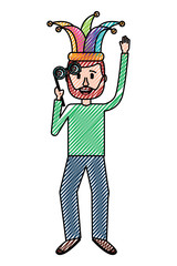 funny man holding silly glasses and jester hat vector illustration drawing design
