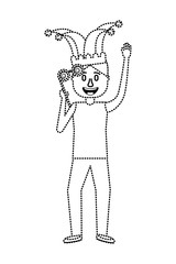 funny man holding silly glasses and jester hat vector illustration dotted line design