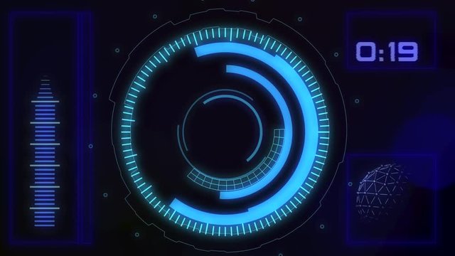 High Tech HUD user interface with spinning circles, countdown timer, spinning wireframe sphere and audio meter