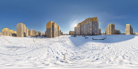 360 panorama high-rise building area urban development residential quarter in winter sunny day....
