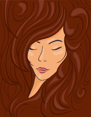 Beautiful face of a brunette girl in thick wavy hair, vector illustration