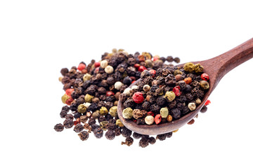 Seasoning - four kinds of pepper peas - isolated on white background