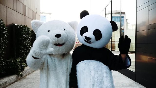 Panda and teddy bear around in the city