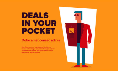 Deals and Discount Concept. Vector illustration of man with discount card in pocket. 