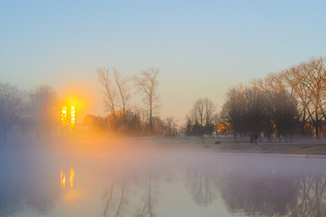 Two men in the early foggy morning walk their dogs. Male silhouettes in a thick morning fog on the...