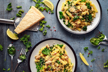 Homemade Pasta fusilli with Chicken, Green Kale, Garlic, lemon and parmesan cheese. healthy home...