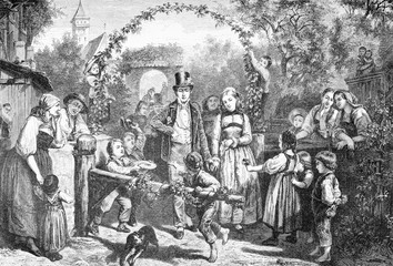 Germany countryside, rural marriage, XIX century engraving