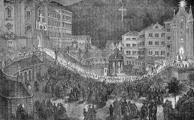 XIX century engraving, religious festive procession at night in Einsiedel, Germany