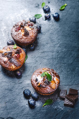Fresh, blueberry muffins on a stone background with sugar and fruits. Food background. Concept of pastry. 
