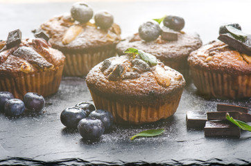 Fresh, blueberry muffins on a stone background with sugar and fruits. Food background. Concept of pastry. 