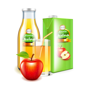 Apple juice in glass bottle and packaging 3d realistic vector