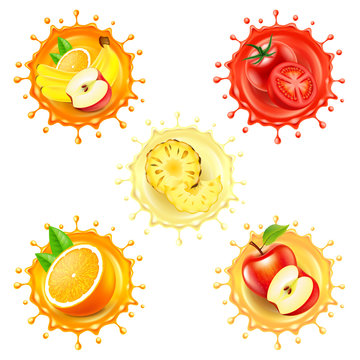 Round splashes with fruits 3d realistic vector set