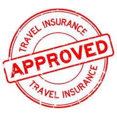 Grunge red travel insurance approved round rubber seal stamp on white background