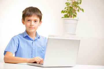 boy in a blue shirt uses a laptop sitting indoors at a table