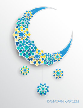 Paper graphic of islamic crescent moon, star shape. Islamic decoration. Ramadan Kareem - glorious month of Muslim year. Modern 3d paper cut concept