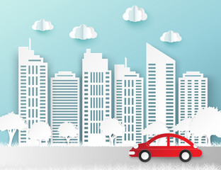 Paper skyscrapers. Achitectural building. Modern city skyline building industrial paper art landscape skyscraper offices, clouds, trees, red car. Vector Illustration
