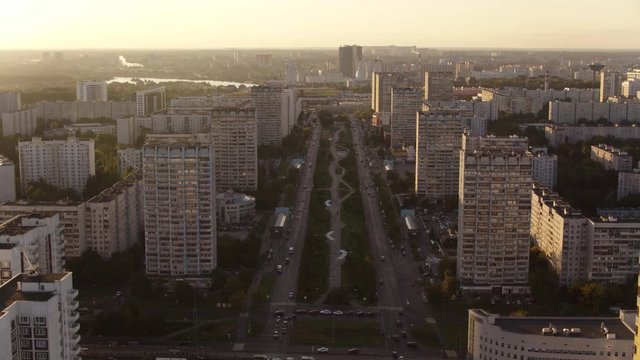 Aerial view Sunrise and Moscow district Strogino 4k