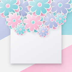 Elegant floral background with 3d paper flowers and place for text. Origami trendy design template. Paper cut spring flower holiday texture. Pastel colors