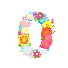 Romantic number of meadow flowers and butterflies zero