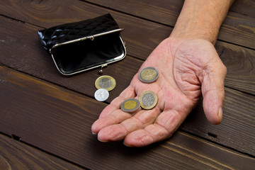 Begging for money. Elderly person Hands of beggar with few coins. The concept of poverty