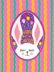 Happy Easter, vector illustration of a cute rabbit. Typography design, cartoon egg, brush. Template greeting card.