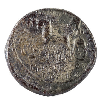 Roman Republic Coin. Ancient Roman silver denarius of the family Aemilia. Reverse.