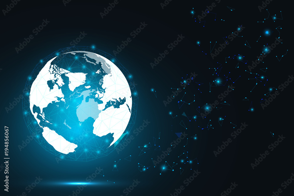 Poster global network connection. blue globe hexagonal mesh and line isolated on white as business, composi