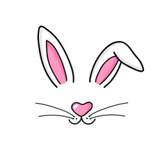 Fototapeta premium Ilustracja wektorowa ładny króliczek wielkanocny, ręcznie rysowane twarz króliczka. Uszy i malutka kufa z wąsami. Na białym tle