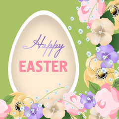 Poster Happy Easter with flowers and egg. Paschal greeting card. Vector