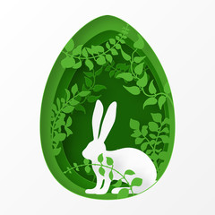 Easter paper art spring forest with grass, branches, leaves, trees covered with climbers and rabbit. Easter egg shape. Holiday origami concept, nature and animals idea.