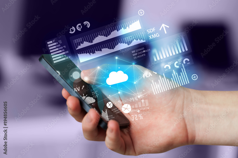 Poster hand using phone with uploading reports and graphs concept
