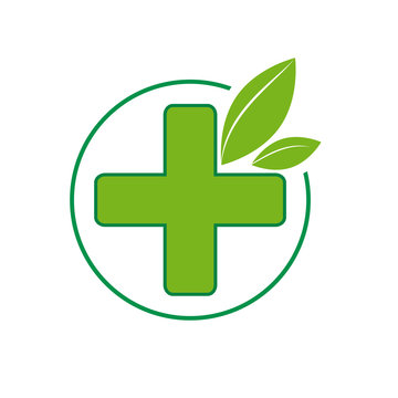 Vector sign homeopathy, alternative medicine in pharmacy. green cross and leaf