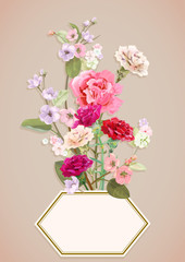 Vertical template for Mother's Day with carnation, spring blossom: red, pink, white flowers, leaves, vintage background, botanical illustration, watercolor style, polygon frame, copy space, vector