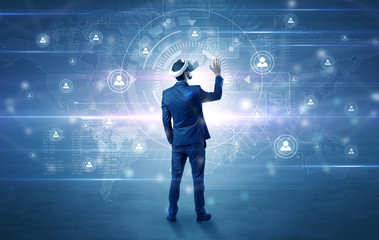 Businessman with vj glasses checking connectivity