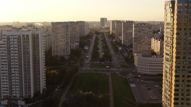 Aerial view Sunrise and Moscow district Strogino 4k