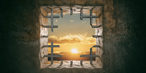 Escape, freedom. Prison, jail window with cut bars, sunset, sunrise view. 3d illustration - obrazy, fototapety, plakaty