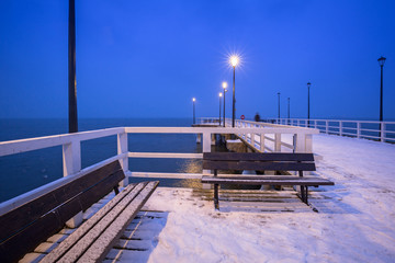 Naklejka premium Snowy pier at Baltic Sea in Gdansk, Poland