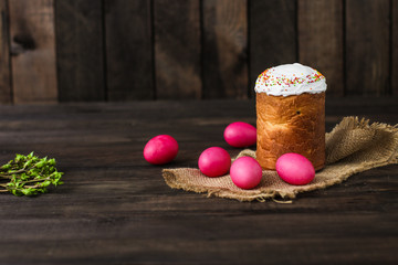 Easter cake and Easter eggs (traditional decoration and attributes). Happy easter!