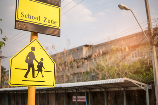 School zone sign. road sign caution sign - school crossing.