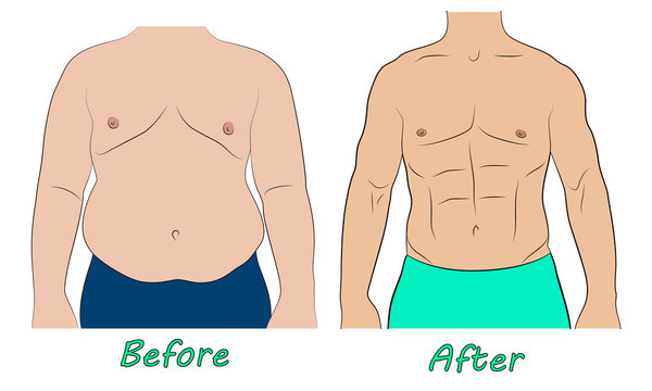 Man body before and after weight loss. Comparison of fat and slim man belly
