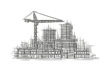 Construction site sketch, hand drawn, vector.