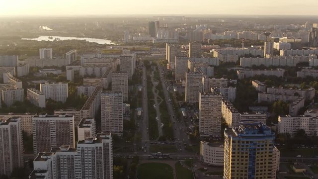 Aerial view Sunrise and Moscow district Strogino 4k