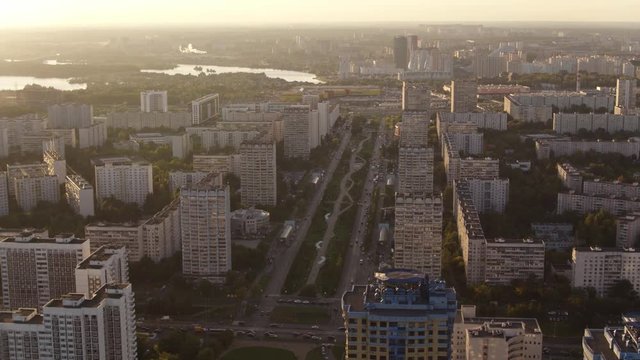 Aerial view Sunrise and Moscow district Strogino 4k