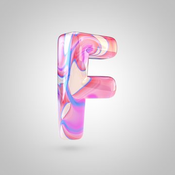 Glossy holographic pink letter F uppercase isolated on white background