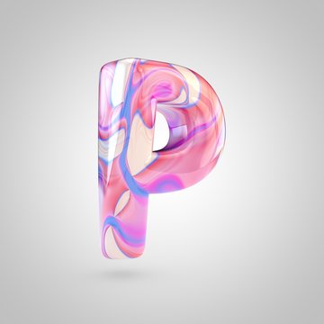 Glossy holographic pink letter P uppercase isolated on white background