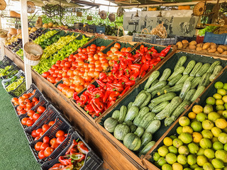 fruit kiosk with fruits and vegetables summer in Greece