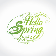 Hello Spring. Beautiful vector template labels with curly branches and spring leaves.