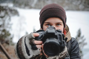 Girl photographer with DSLR camera.  - 194862606