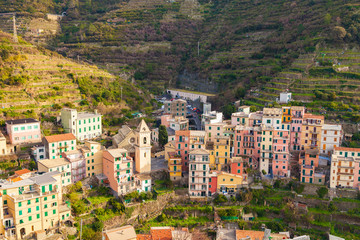 Fototapeta premium Aerial detail landscape view of the little town of Manarola in the Cinque Terre in Liguria Italy.